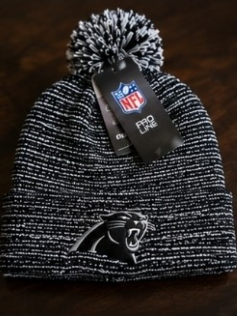 NFL Womens Black & White Pom Beanie - Panthers Logo